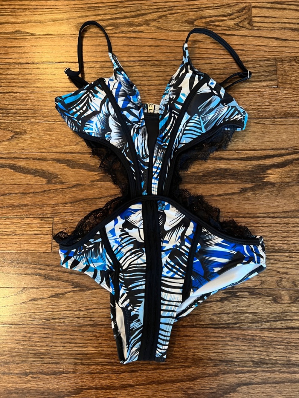 Sexy Blue & Black Tropical Cutout One-Piece Swimwear